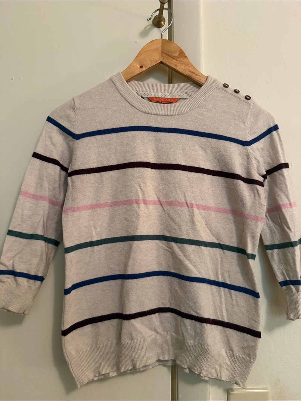 Modcloth Cream Crewneck Sweater with Multicolor Stripes